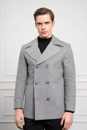 Modazone Мужское Серое Шерстяное Двубортное Dynamic Fit Пальто с Заостренным Воротником - 3