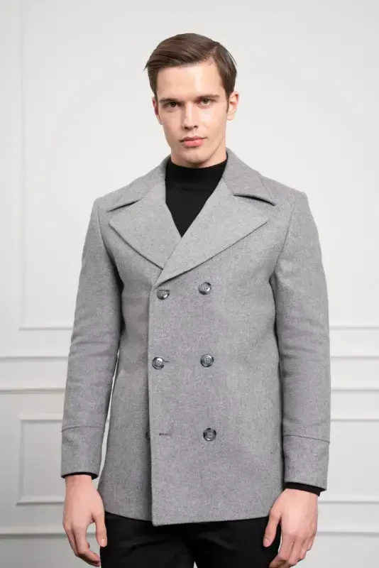 Modazone Мужское Серое Шерстяное Двубортное Dynamic Fit Пальто с Заостренным Воротником - 3