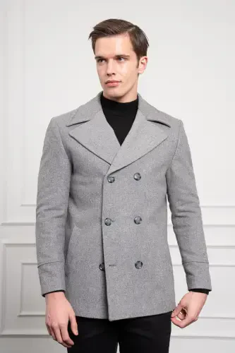 Modazone Мужское Серое Шерстяное Двубортное Dynamic Fit Пальто с Заостренным Воротником - 4