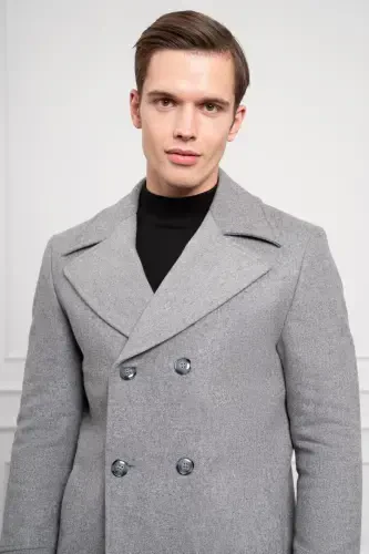 Modazone Мужское Серое Шерстяное Двубортное Dynamic Fit Пальто с Заостренным Воротником - 5