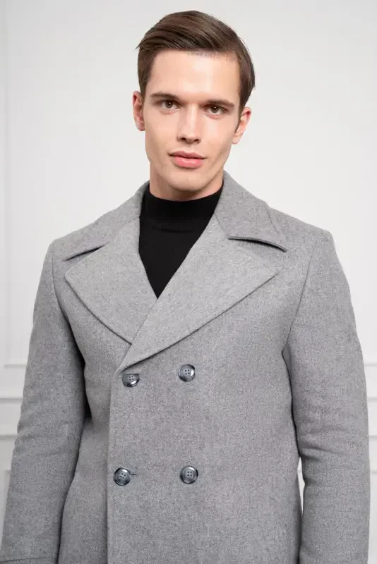 Modazone Мужское Серое Шерстяное Двубортное Dynamic Fit Пальто с Заостренным Воротником - 5