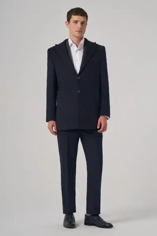 Modazone Мужское Темно-синее Шерстяное Однотонное Классическое Приталенное Пальто с Заостренным Воротником - 4