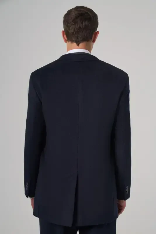 Modazone Мужское Темно-синее Шерстяное Однотонное Классическое Приталенное Пальто с Заостренным Воротником - 5