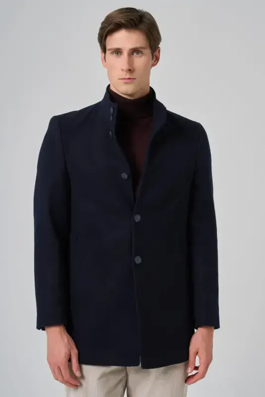 Modazone Мужское Темно-синее Шерстяное Однотонное Приталенное Пальто с Воротником-стойкой Dynamic Fit - MORVEN