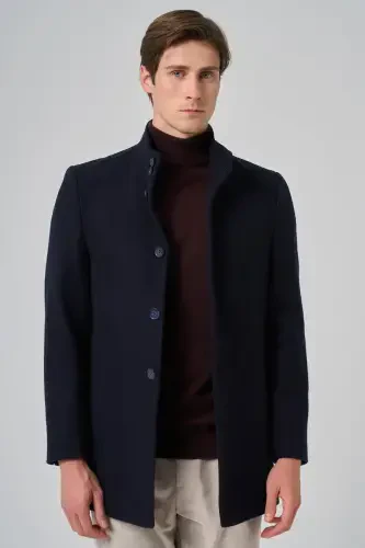 Modazone Мужское Темно-синее Шерстяное Однотонное Приталенное Пальто с Воротником-стойкой Dynamic Fit - 3