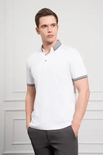 Modazone мужской белый трендовый мерсеризованный однотонный T-shirt Dynamic Fit с застежкой на пуговицах - 4