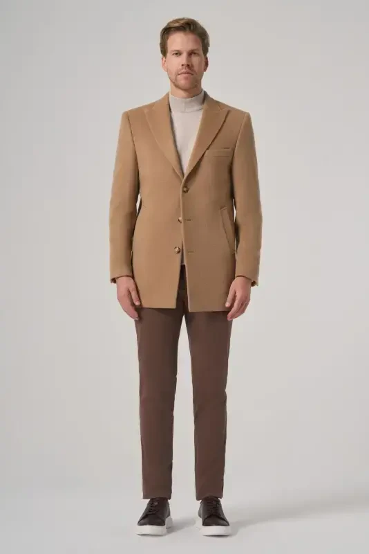 Modazone Мужской Бежевый Шерстяной Однотонный Dynamic Fit Заостренный Воротник Пальто - 4