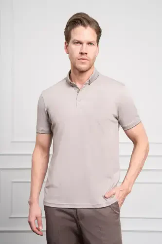 Modazone Мужской Бежевый Tрендовый Mерсеризованный Oднотонный T-Shirt Dynamic Fit с Застежкой на Пуговицах 