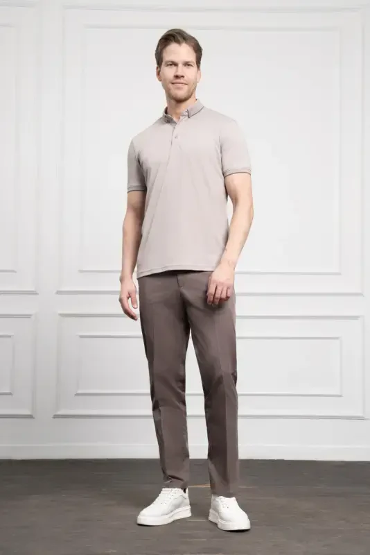 Modazone Мужской Бежевый Tрендовый Mерсеризованный Oднотонный T-Shirt Dynamic Fit с Застежкой на Пуговицах - 2