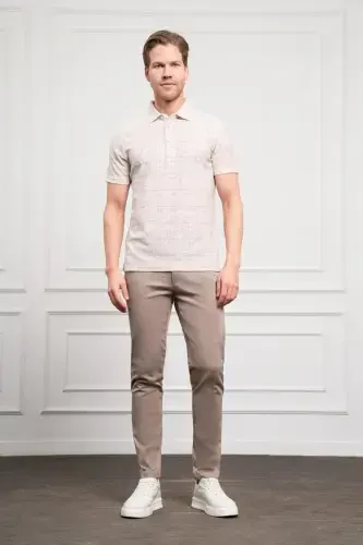 Modazone Мужской Бежевый Tрендовый Поло Воротник Узорный Dynamic Fit Комфортный Крой T-Shirt - 2