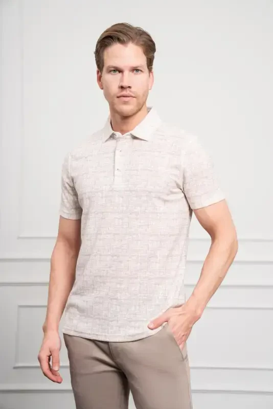 Modazone Мужской Бежевый Tрендовый Поло Воротник Узорный Dynamic Fit Комфортный Крой T-Shirt - 3