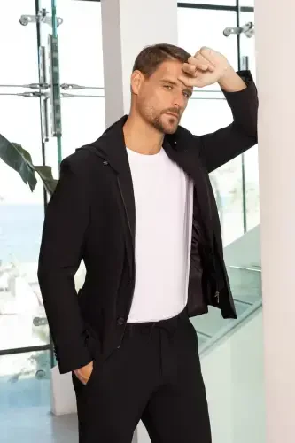 Modazone Мужской Черный Полиамид Сумка Карман Капюшон Slim Fit Mono Воротник Спортивный Костюм - 3