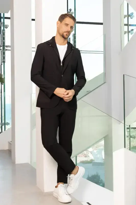 Modazone Мужской Черный Полиамид Сумка Карман Капюшон Slim Fit Mono Воротник Спортивный Костюм - 5