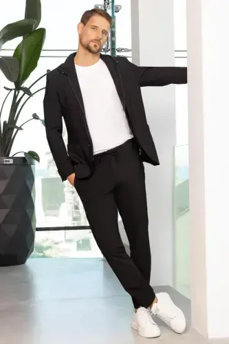 Modazone Мужской Черный Полиамид Сумка Карман Капюшон Slim Fit Mono Воротник Спортивный Костюм - 6