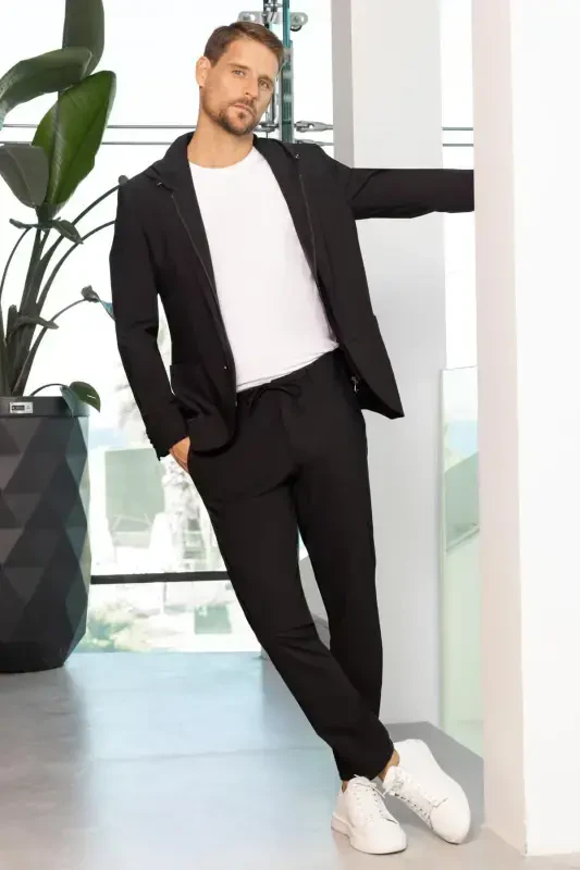 Modazone Мужской Черный Полиамид Сумка Карман Капюшон Slim Fit Mono Воротник Спортивный Костюм - 6