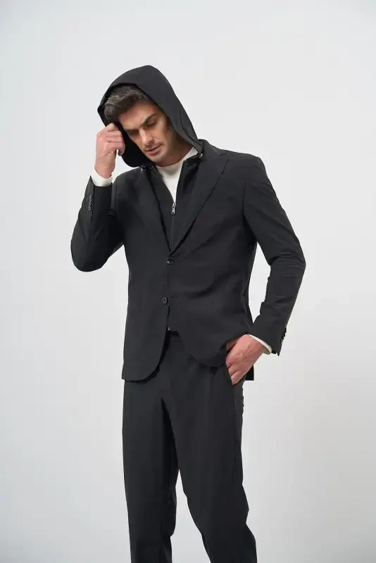 Modazone Мужской Черный Полиамид Сумка Карман Капюшон Slim Fit Mono Воротник Спортивный Костюм - 7