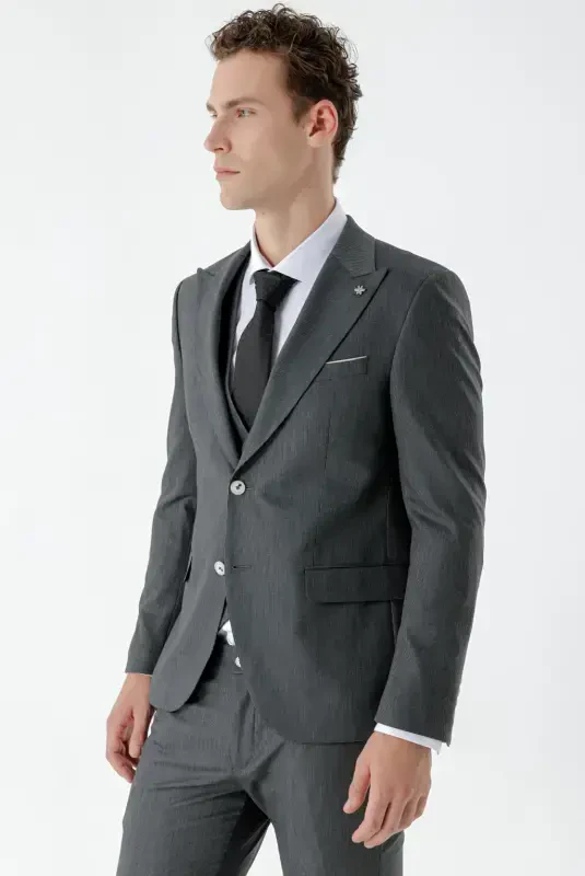 Modazone Мужской Черный Поливисконный Трендовый Жилетный Узорчатый Приталенный Костюм с Острым Воротником - 3