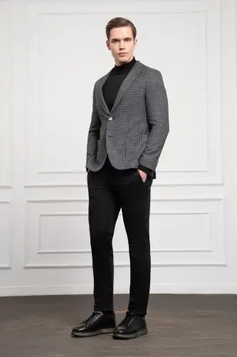 Modazone Мужской Черный Тканый Slim Fit Узкий Крой Моно Воротник Пиджак - 2