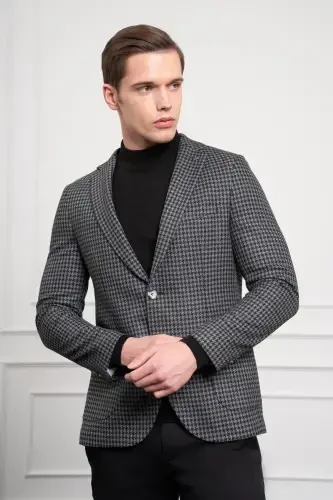 Modazone Мужской Черный Тканый Slim Fit Узкий Крой Моно Воротник Пиджак - 3