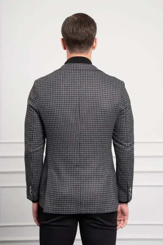 Modazone Мужской Черный Тканый Slim Fit Узкий Крой Моно Воротник Пиджак - 5