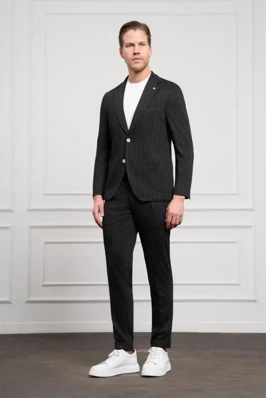 Modazone Мужской Черный Вязаный Slim Fit Однобортный Костюм Узкого Кроя - 2