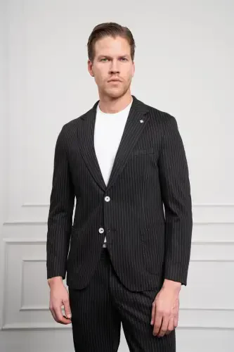 Modazone Мужской Черный Вязаный Slim Fit Однобортный Костюм Узкого Кроя - 3