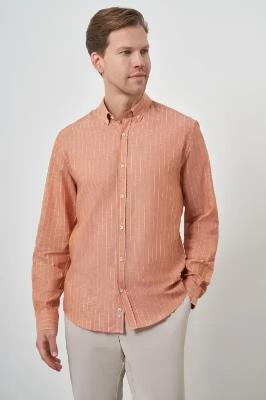 Modazone Мужской Кирпичный Лен Dynamic Fit Рубашка с воротником на пуговицах - 3