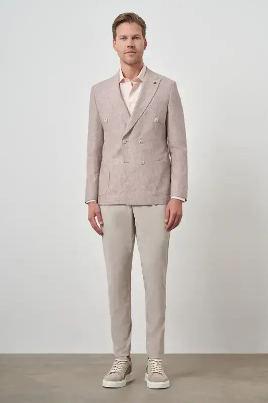 Modazone Мужской Кирпичный Льняной Двубортный Узорный Приталенный Заостренный Воротник Пиджак - 2