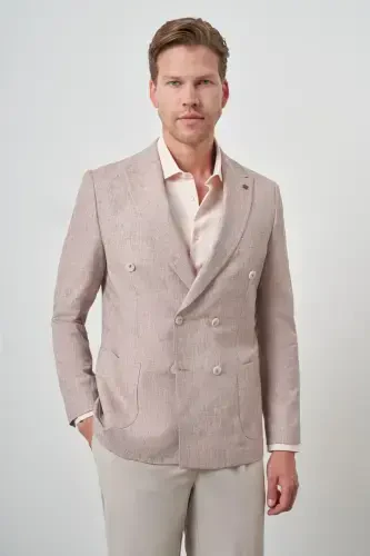 Modazone Мужской Кирпичный Льняной Двубортный Узорный Приталенный Заостренный Воротник Пиджак - 3