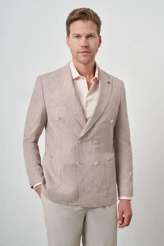 Modazone Мужской Кирпичный Льняной Двубортный Узорный Приталенный Заостренный Воротник Пиджак - 3