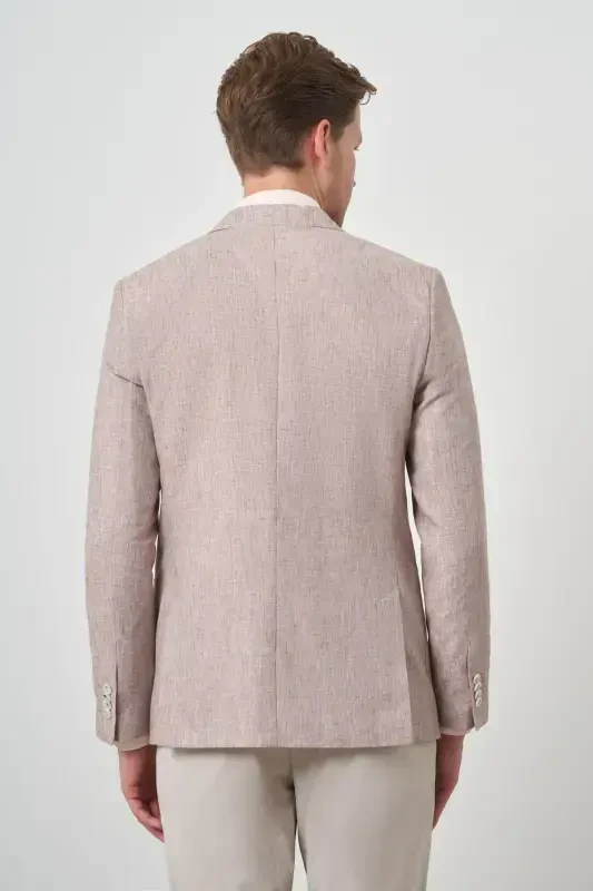 Modazone Мужской Кирпичный Льняной Двубортный Узорный Приталенный Заостренный Воротник Пиджак - 4