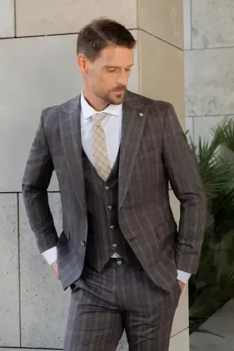 Modazone Erkek KAHVE Poliviskon Trend Yelekli Ekoseli Slim Fit Sivri Yaka Takım Elbise - 1