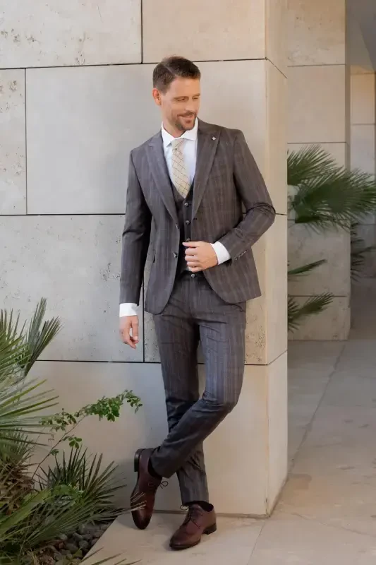 Modazone Erkek KAHVE Poliviskon Trend Yelekli Ekoseli Slim Fit Sivri Yaka Takım Elbise - 3