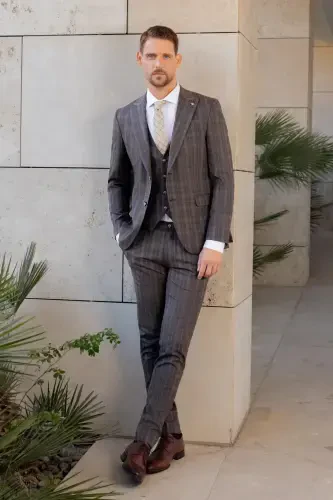 Modazone Erkek KAHVE Poliviskon Trend Yelekli Ekoseli Slim Fit Sivri Yaka Takım Elbise - 4