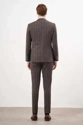 Modazone Erkek KAHVE Poliviskon Trend Yelekli Ekoseli Slim Fit Sivri Yaka Takım Elbise - 5