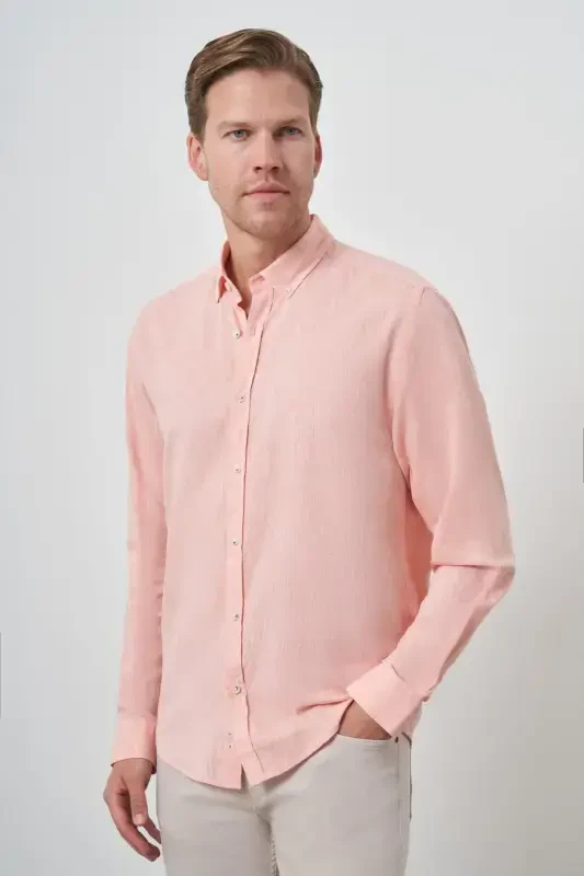 Modazone Мужской Оранжевый Льняной Модный Динамичный Приталенный Рубашка с Воротником на Пуговицах - 4