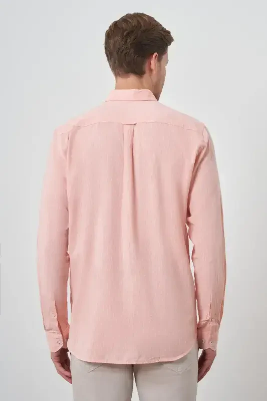 Modazone Мужской Оранжевый Льняной Модный Динамичный Приталенный Рубашка с Воротником на Пуговицах - 5