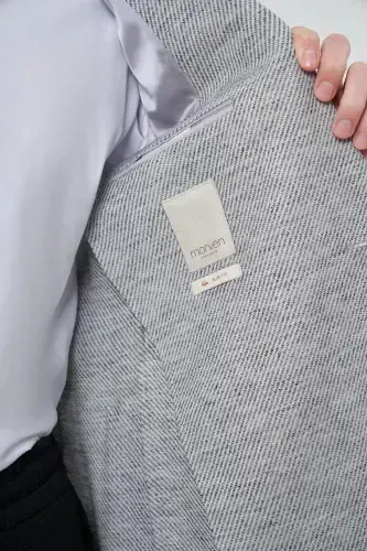 Modazone Мужской Серый Льняной Тканый Узор Slim Fit Пиджак с Моно Воротником - 4