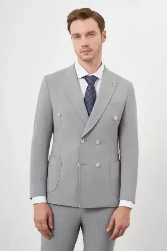 Modazone Мужской Серый Полиамид Трендовый Двубортный Приталенный Заостренный Воротник Костюм - 3