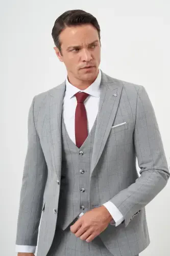 Modazone Мужской Серый Полувискозный Трендовый Жилет Клетчатый Приталенный Костюм с Заостренным Воротником - 5