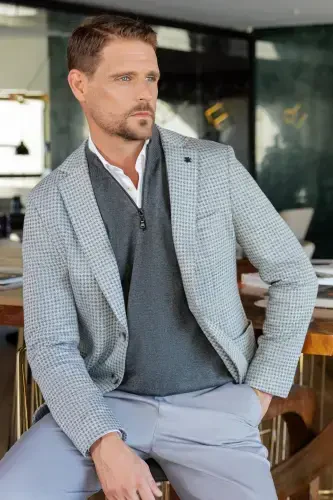 Modazone Мужской Серый Вязаный Slim Fit Накладной Карман Моно Воротник Спортивная Куртка - MORVEN (1)