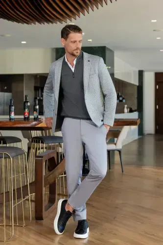 Modazone Мужской Серый Вязаный Slim Fit Накладной Карман Моно Воротник Спортивная Куртка - 3