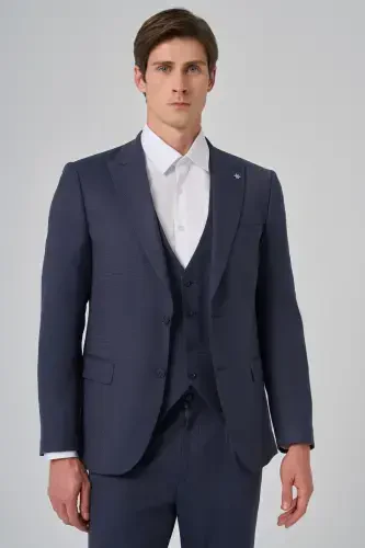 Modazone Мужской Темно-синий Костюм Slim Fit с Заостренным Воротником и Жилетом из Поливискозы с Модным Узором - 3