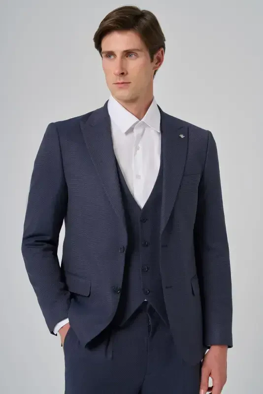 Modazone Мужской Темно-синий Костюм Slim Fit с Заостренным Воротником и Жилетом из Поливискозы с Модным Узором - 4