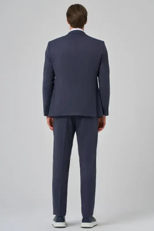 Modazone Мужской Темно-синий Костюм Slim Fit с Заостренным Воротником и Жилетом из Поливискозы с Модным Узором - 5