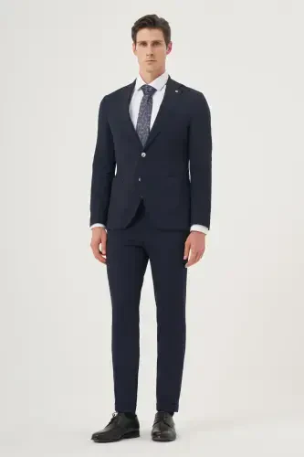 Modazone Мужской темно-синий костюм в полоску Slim Fit с моноворотником из поливискозы - 4