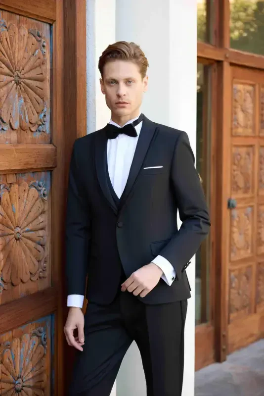 Modazone Мужской Темно-синий Поливискон Ceromonia Жаккардовый Узор Slim Fit Шалевый Вырез Смокинг - MORVEN