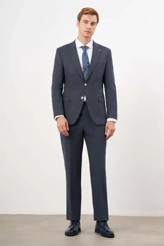 Modazone Мужской темно-синий поливискозный трендовый клетчатый костюм Dynamic Fit с моноворотником - 4