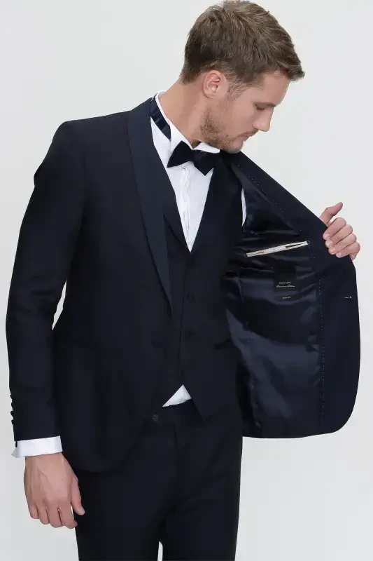 Modazone Мужской Темно-синий Santorin Ceremonia Жаккардовый Slim Fit Узкий Свадебный Костюм - 2