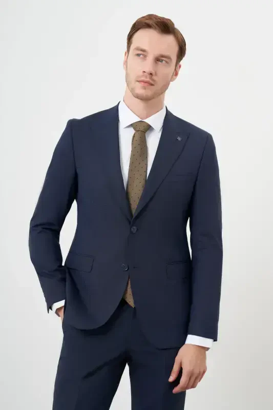 Modazone Мужской темно-синий шерстяной костюм Platinium 8-Drop Slim Fit с острым воротником - 2